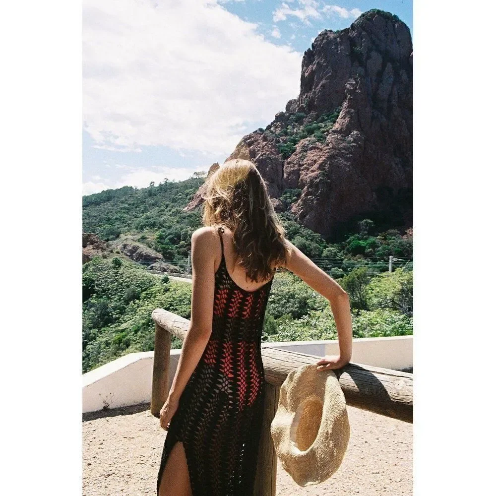 NEW FREE PEOPLE X FLOOK Sz S ANISHA CROCHET TUNIC MIDI DRESS COVERUP BLACK